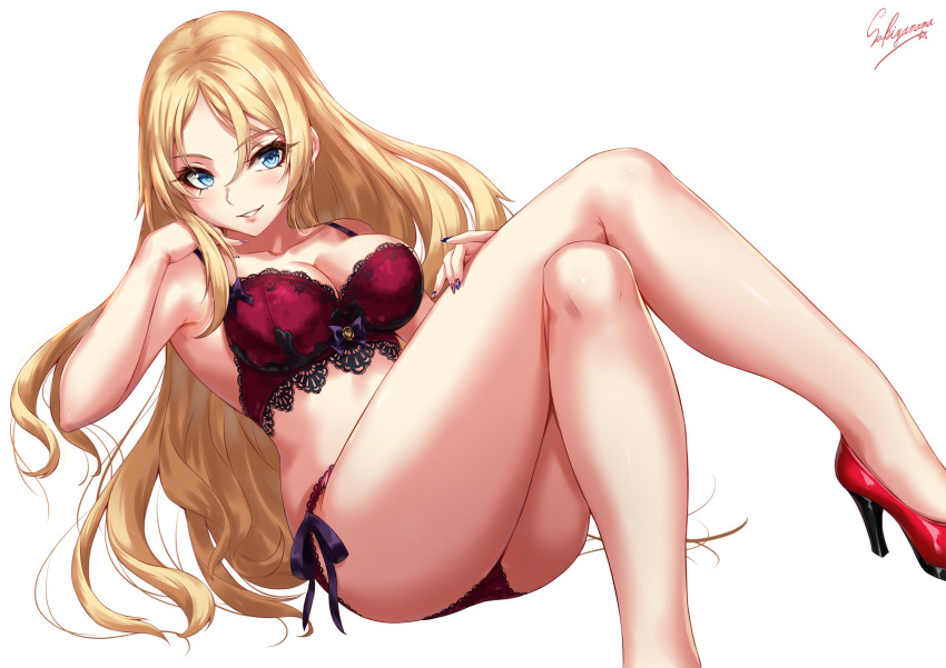 1girl, bangs, bare_shoulders, blonde_hair, blue_eyes, blue_nails, blush, bra