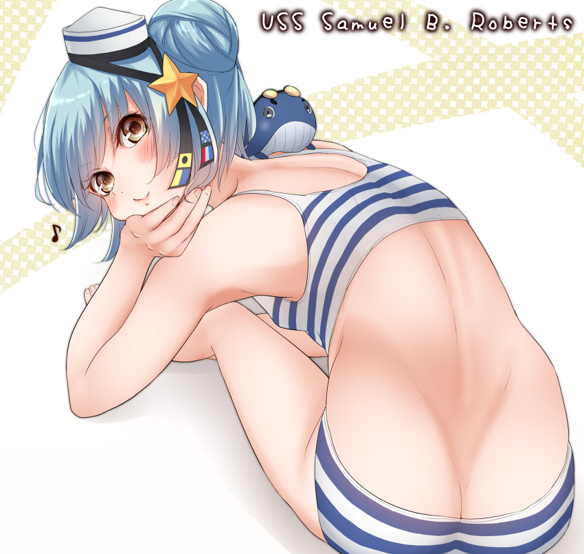 1girl, bangs, bikini, blue_hair, butt_crack, character_name, dixie_cup_hat, double_bun
