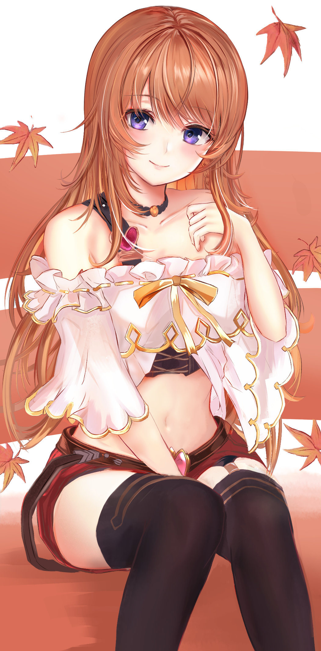 1girl, autumn_leaves, bare_shoulders, between_legs, black_legwear, choker, collarbone, crop_top