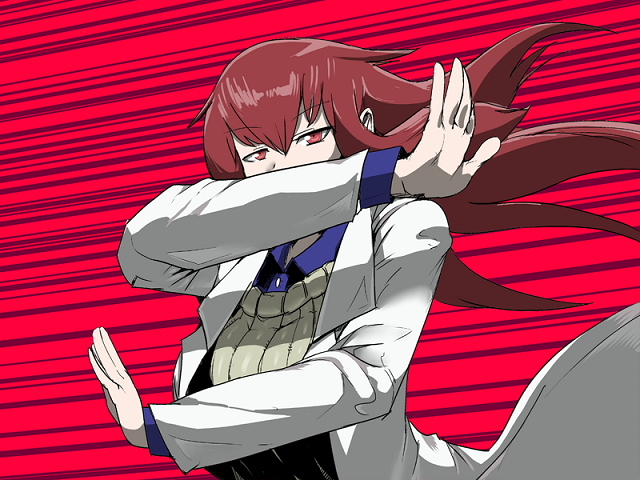 1girl, bangs, brown_eyes, collared_shirt, crossed_arms, game_cg, hair_blowing, labcoat
