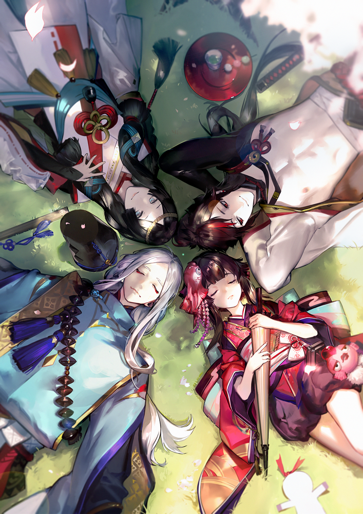 2boys, 2girls, abe_no_seimei_(onmyoji), abs, arms_behind_head, asymmetrical_bangs, bangs, black_hair