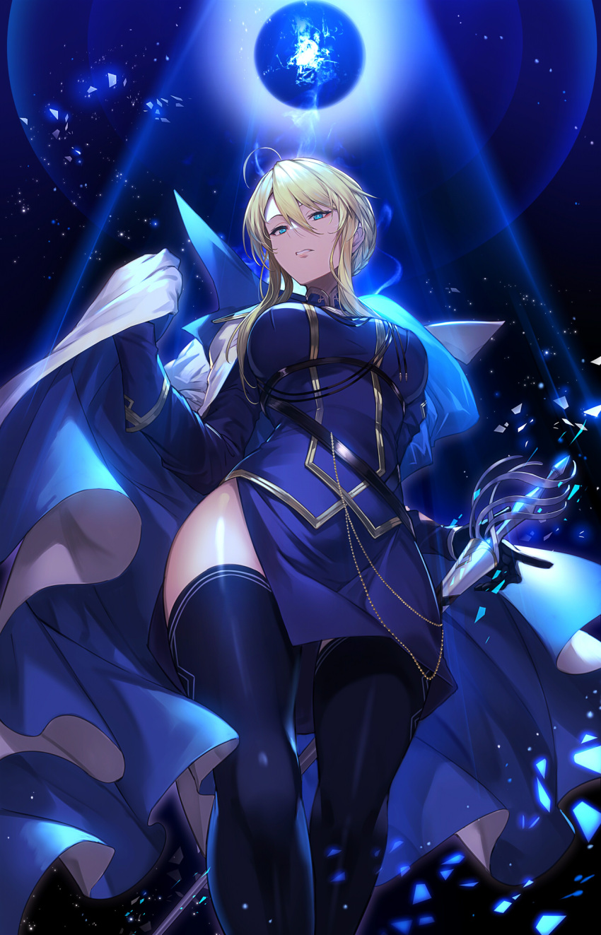 1girl, ahoge, aiguillette, artoria_pendragon_(all), artoria_pendragon_(lancer), bangs, belt, black_legwear
