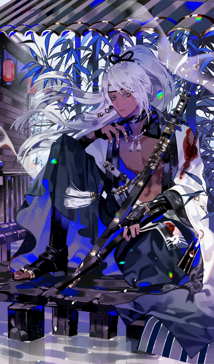 1boy, absurdres, bamboo, black_footwear, black_gloves, blood, bloody_clothes, closed_mouth, eyeshadow, full_body, gloves, high_ponytail, highres, katana, lamp, lantern, long_hair, long_sleeves, looking_at_viewer, makeup, male_focus, mannendake_(onmyoji), nail_polish, nipples, onmyoji, paper_lantern, partly_fingerless_gloves, sitting, solo, sword, tuotuo, violet_eyes, water, weapon, white_hair, white_nails