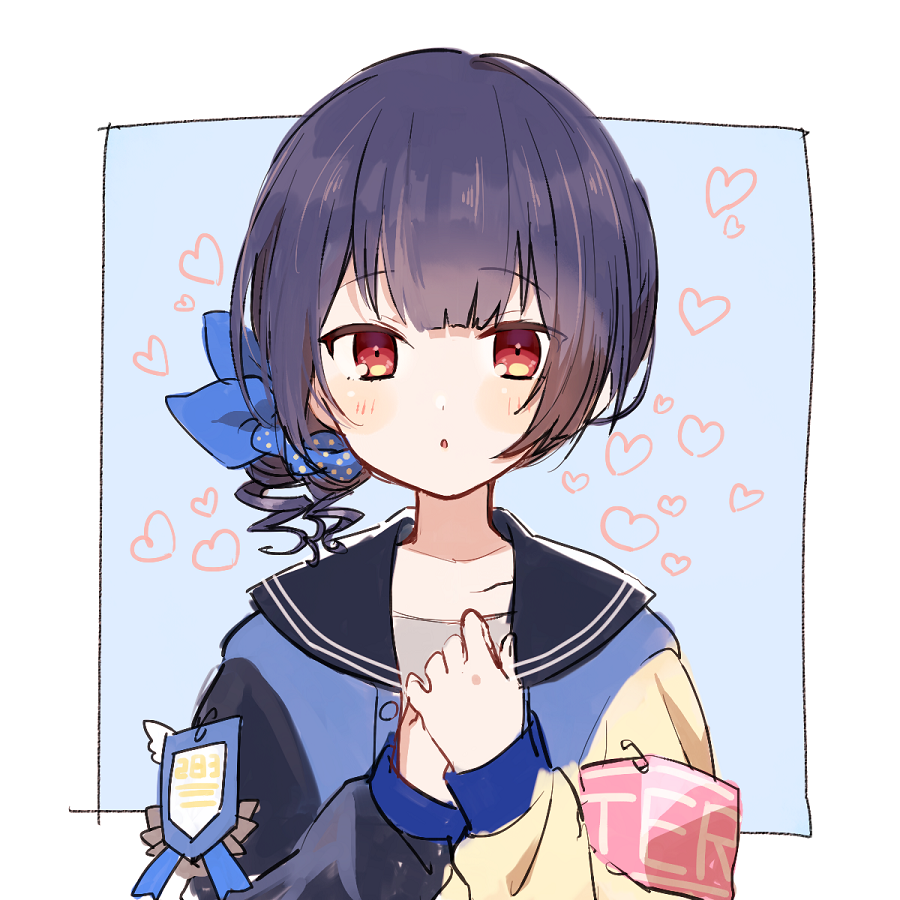 1girl, armband, bangs, blue_background, blue_bow, blue_hair, blush, bow