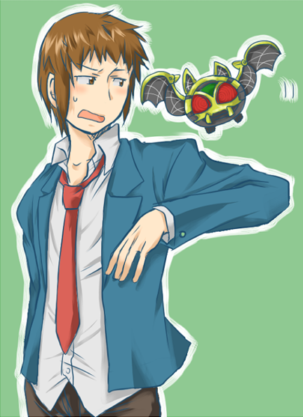 bat_wings, belt, brown_eyes, brown_hair, crossover, kamen_rider, kamen_rider_kiva_(series), kivat-bat_iii, kivat-bat_the_3rd, kyon, male, school_uniform, seiyuu_connection, seiyuu_joke, sugita_tomokazu, suzumiya_haruhi_no_yuuutsu, wings