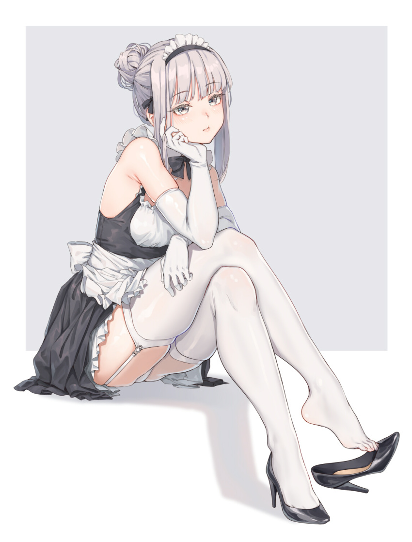 1girl, apron, armpit_crease, ass, bare_shoulders, black_dress, black_footwear, bow