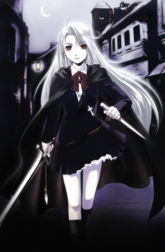 cloak, cross, long_hair, nyaou, original, pale_skin, red_eyes, sword