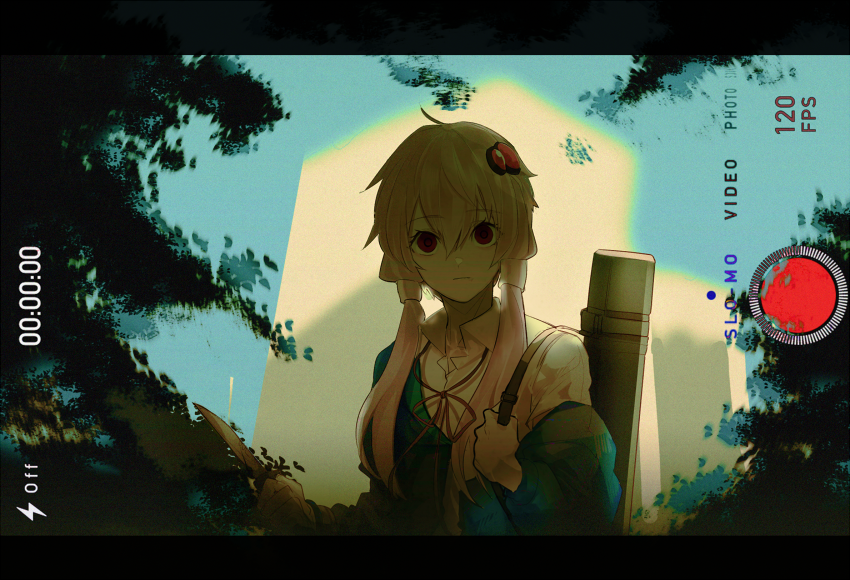 1girl, backlighting, blue_sky, blurry, blurry_background, building, commentary, document_tube
