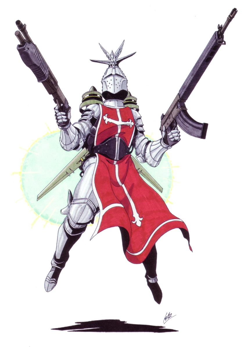 absurdres, ambiguous_gender, ar-18, armor, assault_rifle, dual_wielding, finger_on_trigger, full_armor, gauntlets, gun, helmet, highres, holding, jetpack, kazuma_kaneko, knight, official_art, oldschool, plate_armor, rifle, shin_megami_tensei, shin_megami_tensei_ii, shotgun, signature, solo, spas-12, tabard, terminator_(shin_megami_tensei), weapon, white_background