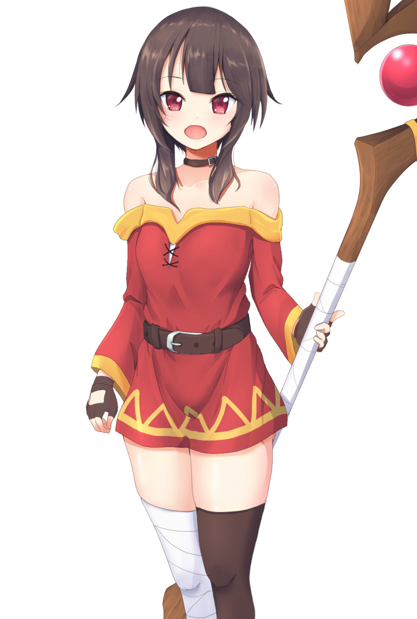 1girl, bandaged_leg, bandages, belt, black_collar, black_hair, black_legwear, blush, breasts, collar, collarbone, commentary_request, dress, fingerless_gloves, gloves, highres, kono_subarashii_sekai_ni_shukufuku_wo!, looking_at_viewer, megumin, open_mouth, red_dress, red_eyes, short_hair, simple_background, single_thighhigh, smile, solo, staff, thigh-highs, tr1060coupon, white_background