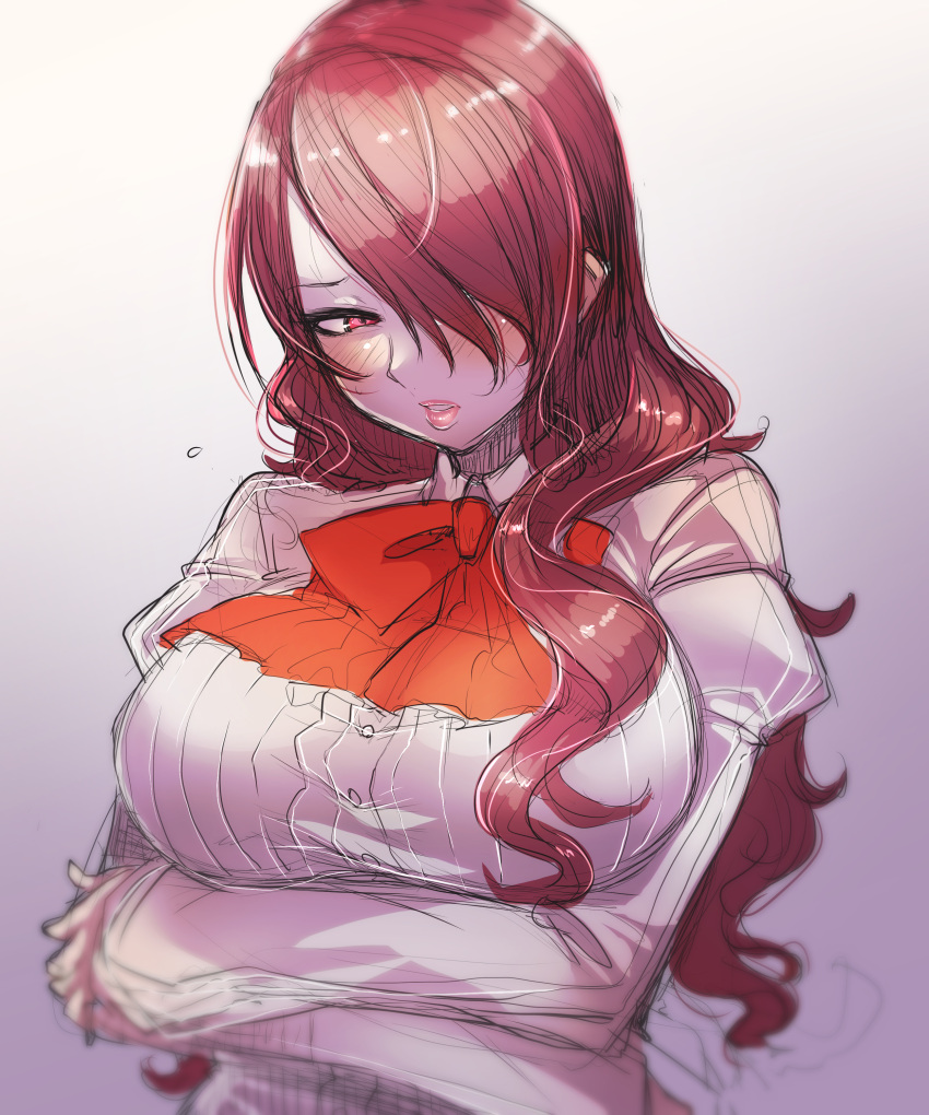1girl, absurdres, bakuya, blush, bow, breast_hold, breasts, flying_sweatdrops