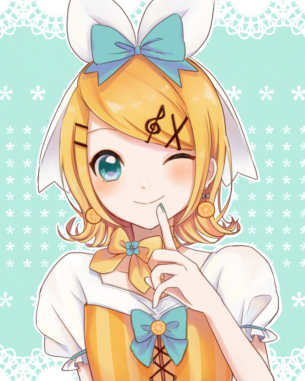 1girl, ai10_k00, aqua_background, aqua_bow, aqua_eyes, aqua_nails, aqua_neckwear, bangs