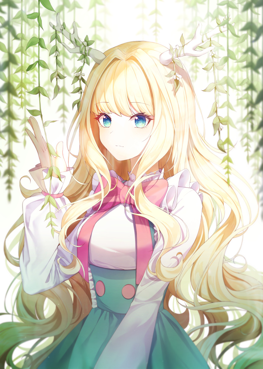 1girl, :3, absurdres, antler_ornament, antlers, aqua_eyes, bangs, blonde_hair
