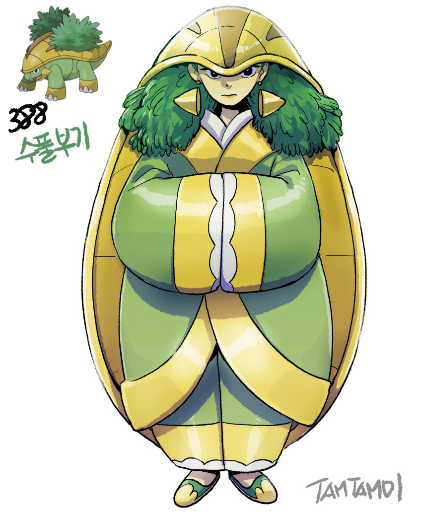 1girl, artist_name, black_eyes, cloak, earrings, full_body, gen_4_pokemon, green_footwear, green_hair, grotle, hands_together, highres, jewelry, long_hair, looking_at_viewer, personification, pokemon, pokemon_(creature), pokemon_(game), pokemon_number, solo, standing, tamtamdi, wide_sleeves