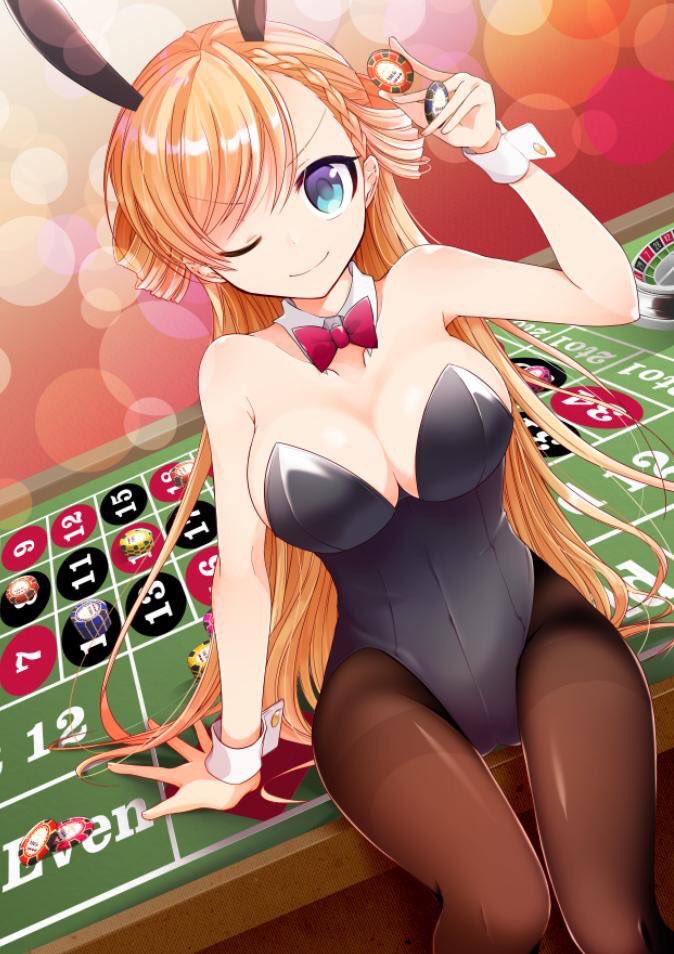 1girl, animal_ears, black_legwear, black_leotard, blonde_hair, blue_eyes, bow, bowtie