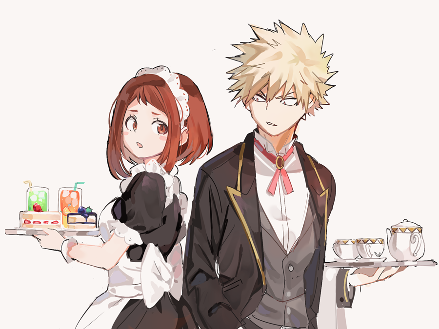1boy, 1girl, apron, back_bow, bakugou_katsuki, bangs, black_dress, blonde_hair