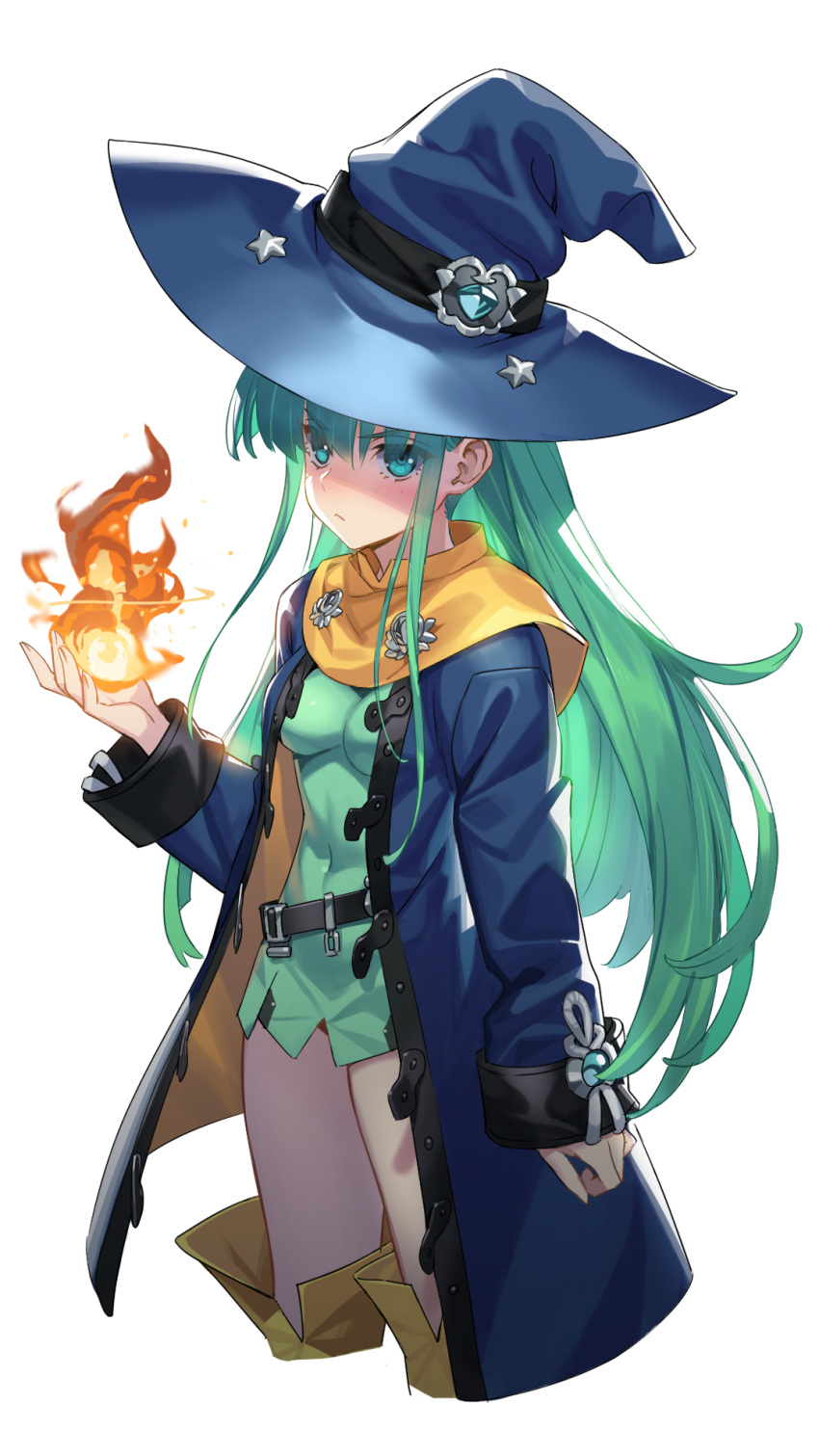 1girl, bangs, belt, black_belt, blue_coat, blue_eyes, blue_headwear, boots, breasts, coat, covered_navel, dress, fire, frown, green_dress, green_hair, hat, highres, long_hair, looking_at_viewer, loose_belt, magic, masou_shizuka, medium_breasts, microdress, open_clothes, open_coat, rance_(series), rance_10, siino, simple_background, solo, thigh-highs, thigh_boots, very_long_hair, white_background, witch, witch_hat, yellow_capelet, yellow_footwear, yellow_legwear
