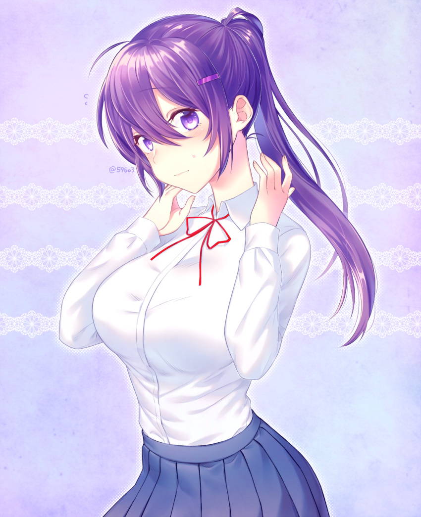 1girl, alternate_hairstyle, bangs, blue_skirt, blush, breasts, commentary_request, doki_doki_literature_club