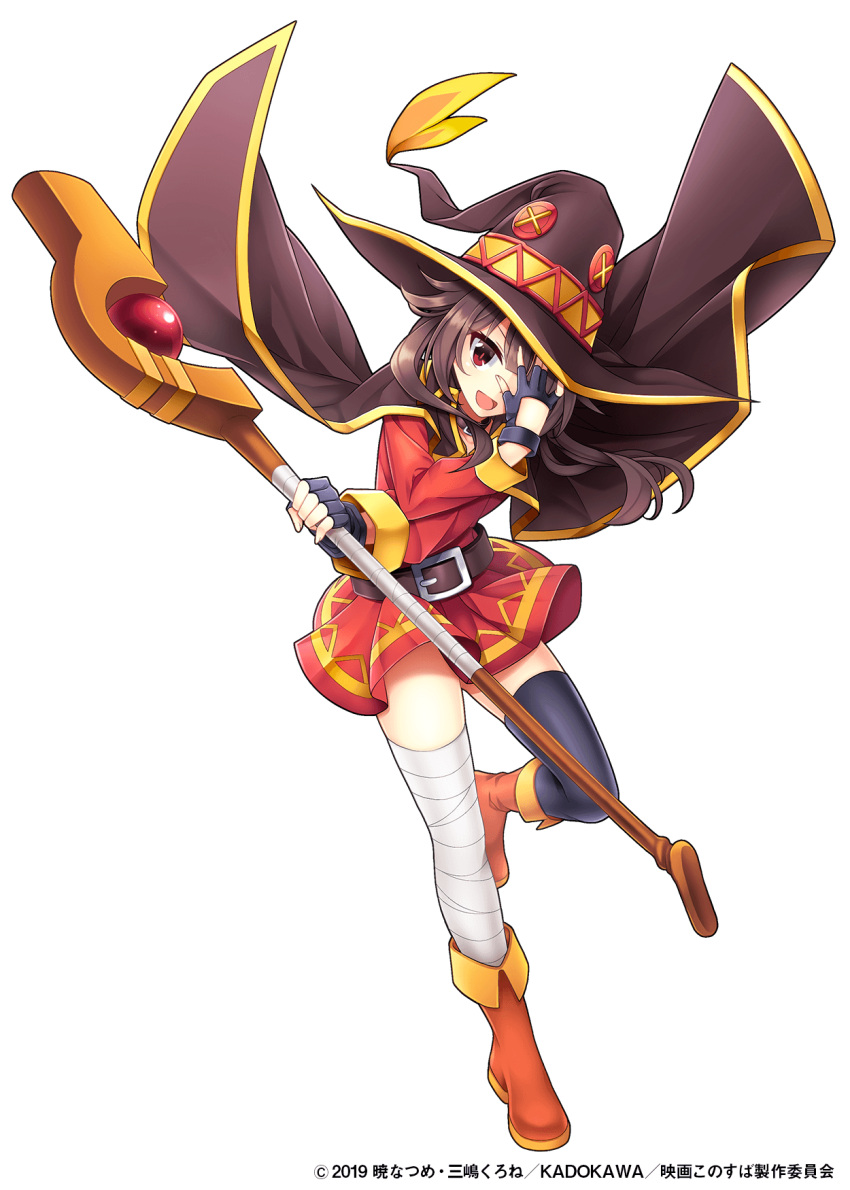 1girl, bandaged_leg, bandages, black_gloves, black_headwear, black_legwear, boots, brown_footwear, brown_hair, cloak, collar, crossover, dress, edamame_senpai, fingerless_gloves, full_body, gloves, hand_over_face, hat, highres, kono_subarashii_sekai_ni_shukufuku_wo!, long_sleeves, looking_at_viewer, medium_hair, megumin, official_art, open_mouth, pose, red_eyes, short_dress, simple_background, single_thighhigh, smile, solo, staff, standing, standing_on_one_leg, thigh-highs, thighs, vivid_army, watermark, white_background, witch_hat