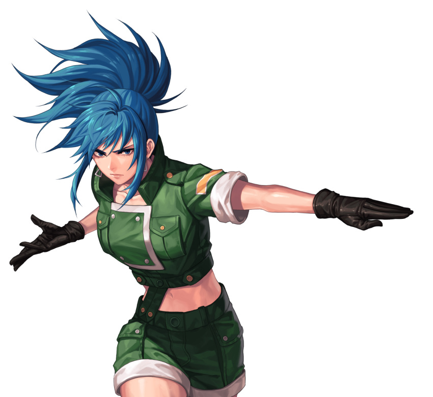1girl, bangs, blue_eyes, blue_hair, brown_gloves, closed_mouth, collarbone, commentary_request