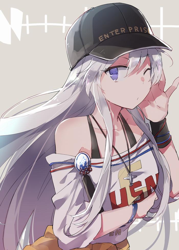 1girl, arm_under_breasts, azur_lane, bangs, bare_shoulders, bracelet, clothes_around_waist, cocoadrive, commentary_request, enterprise_(anniversary_ride)_(azur_lane), enterprise_(azur_lane), hair_between_eyes, hat, jewelry, long_hair, looking_at_viewer, necklace, off-shoulder_shirt, off_shoulder, one_eye_closed, shirt, silver_hair, violet_eyes, white_shirt