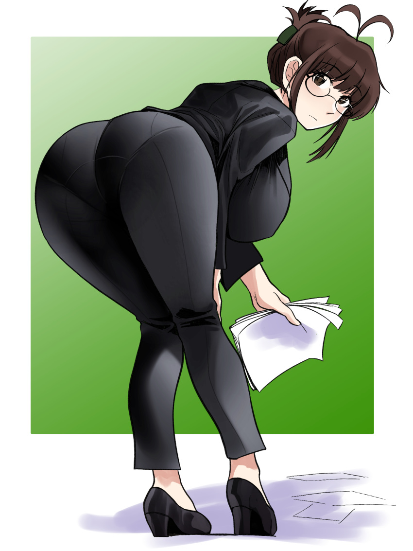 1girl, akizuki_ritsuko, ass, bent_over, blazer, breasts, brown_eyes, brown_hair, folded_hair, formal, glasses, hair_ornament, hair_up, hairclip, high_heels, highres, idolmaster, jacket, kumako_(kumakonoh), large_breasts, long_hair, office_lady, pant_suit, pants, pantylines, paper, papers, suit