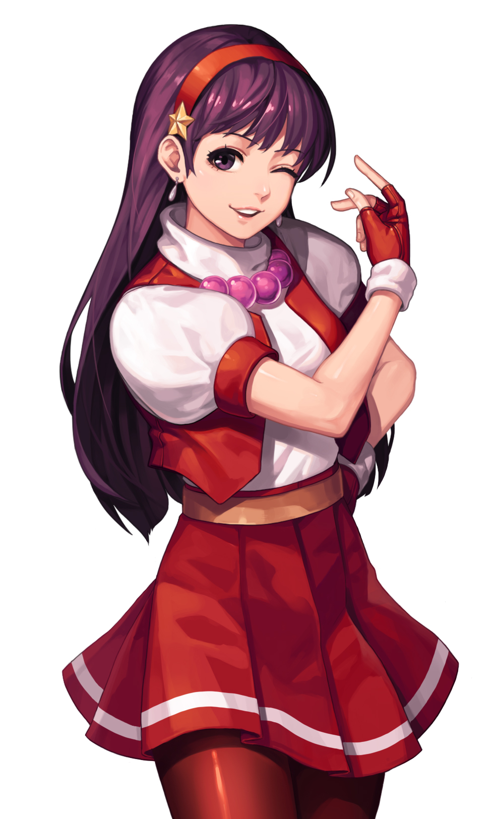 1girl, asamiya_athena, bangs, earrings, evilgun, fingerless_gloves, fingernails, gloves, hair_ornament, hairband, hand_on_hip, hand_up, highres, jewelry, lips, long_hair, looking_at_viewer, one_eye_closed, open_mouth, pantyhose, pleated_skirt, puffy_short_sleeves, puffy_sleeves, purple_hair, red_gloves, red_hairband, red_legwear, red_skirt, shiny, shiny_clothes, shiny_hair, short_sleeves, simple_background, skirt, smile, solo, standing, star_hair_ornament, the_king_of_fighters, violet_eyes, white_background