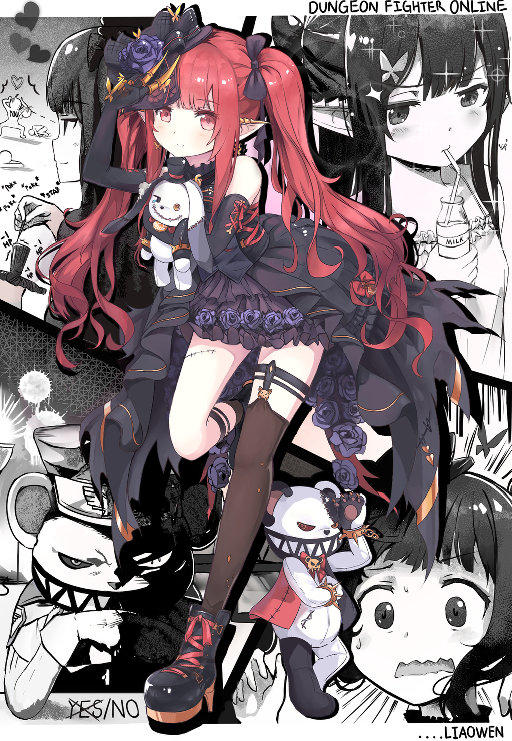 artist_name, asymmetrical_legwear, black_dress, black_ribbon, boots, bottle, butterfly_hair_ornament, clawed_gauntlets