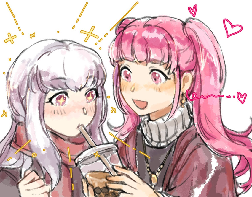 +_+, 2girls, alternate_costume, bubble_tea, cup, disposable_cup, drinking, drinking_straw, drinking_straw_in_mouth, fire_emblem, fire_emblem:_three_houses, highres, hilda_valentine_goneril, jewelry, long_hair, lysithea_von_ordelia, multiple_girls, necklace, open_mouth, pink_eyes, pink_hair, sdkafka, simple_background, twintails, upper_body, white_background, white_hair