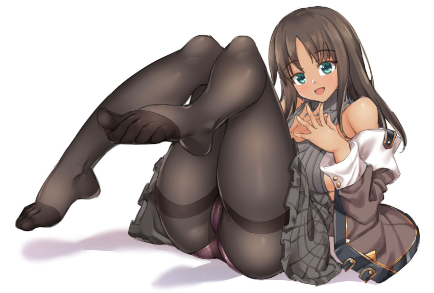 1girl, :d, alice_gear_aegis, ass, black_legwear, brown_hair, commentary_request, eyebrows_visible_through_hair