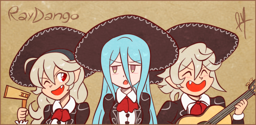 1boy, 2girls, angry, annoyed, aqua_(fire_emblem_if), aqua_hair, artist_name, azura_(fire_emblem), black_hairband, blush, bowtie, closed_eyes, corrin_(female)_(fire_emblem), corrin_(fire_emblem), corrin_(male)_(fire_emblem), deviantart_username, dragon_boy, dragon_girl, elf, fang, female_my_unit_(fire_emblem_if), fire_emblem, fire_emblem_fates, fire_emblem_heroes, fire_emblem_if, guitar, hairband, hat, human, instrument, intelligent_systems, kamui_(fire_emblem), long_hair, looking_at_another, male_my_unit_(fire_emblem_if), manakete, mariachi, mexican, mexican_artist, mexico, my_unit_(fire_emblem_if), nintendo, one_eye_closed, pixiv_username, pointy_ears, rattle, raydango, red_eyes, short_hair, smile, twitter_username, white_hair, wink