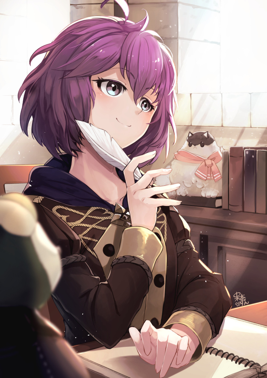 1girl, ahoge, bernadetta_von_varley, blush, book, chair, collarbone, cute, desk, feather_pen, feathers, fire_emblem, fire_emblem:_three_houses, fire_emblem:_three_houses, fire_emblem_16, garreg_mach_monastery_uniform, highres, hood, hoodie, indoors, intelligent_systems, light_rays, loli, long_sleeves, messy_hair, nakabayashi_zun, nintendo, notebook, pen, purple_hair, short_hair, sitting, smile, solo, stuffed_animal, stuffed_toy, sunlight, uniform, violet_eyes