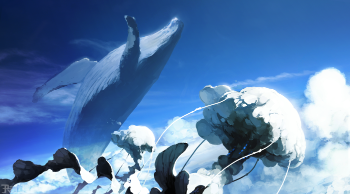 amemidori, animal, clouds, flying, jellyfish, no_humans, scp_foundation, space