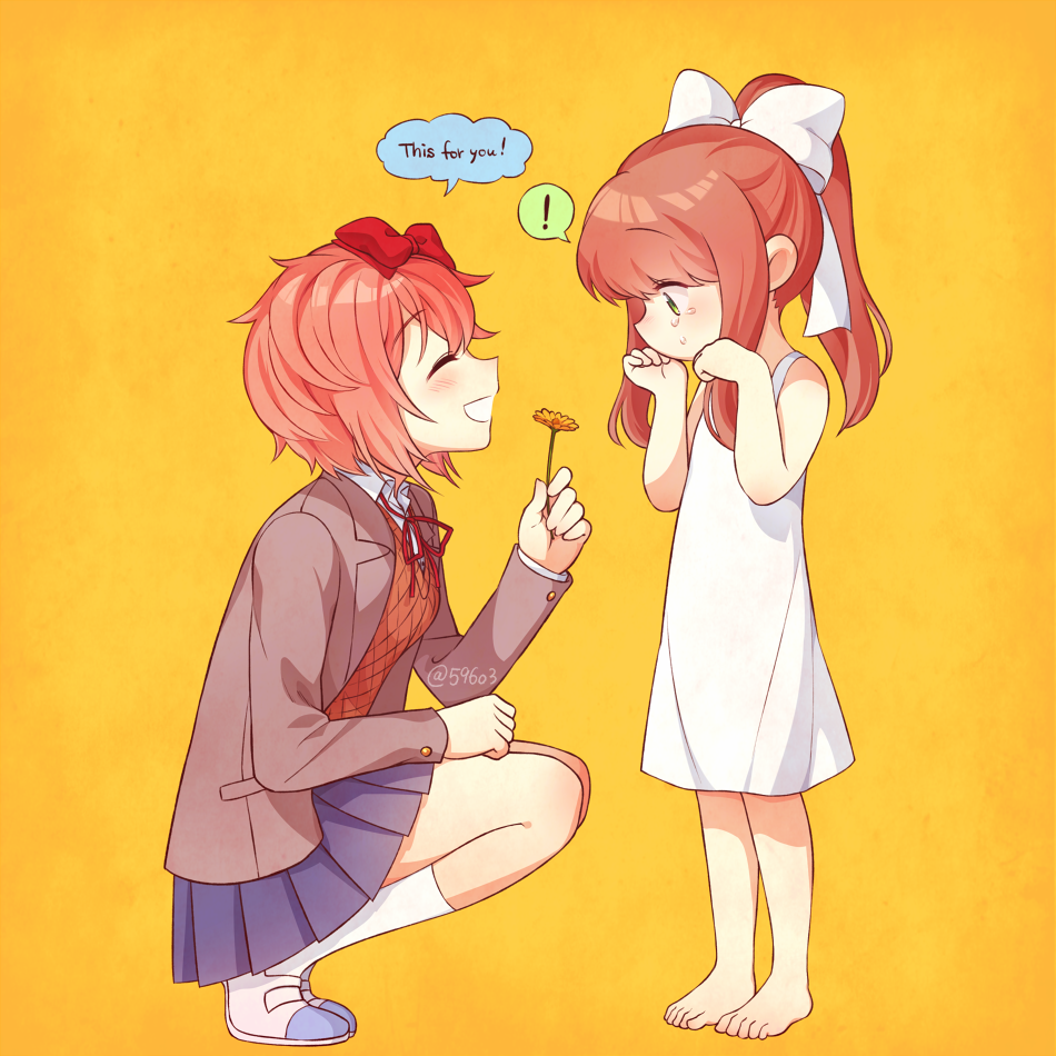 !, 2girls, :d, ^_^, barefoot, blue_skirt, bow, brown_hair, child, closed_eyes, commentary, crying, doki_doki_literature_club, dress, english_text, eyebrows_visible_through_hair, facing_another, flower, flower_request, green_eyes, grey_jacket, hair_bow, hair_ribbon, jacket, kneehighs, long_hair, long_sleeves, looking_at_another, monika_(doki_doki_literature_club), multiple_girls, nan_(gokurou), open_mouth, orange_background, pink_hair, pleated_skirt, ponytail, profile, red_bow, ribbon, sayori_(doki_doki_literature_club), shoes, short_hair, simple_background, skirt, sleeveless, sleeveless_dress, smile, spoken_exclamation_mark, squatting, standing, tears, twitter_username, white_dress, white_legwear, white_ribbon, younger