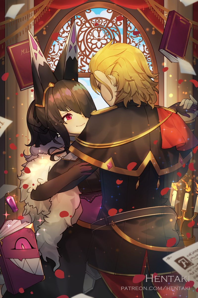 1boy, 1girl, audric, bare_shoulders, black_gloves, black_hair, blonde_hair, book, candle, cassandra_(dragalia_lost), commentary, dancing, dragalia_lost, elbow_gloves, english_commentary, floating, from_behind, fur_coat, gloves, hair_over_one_eye, hentaki, highres, levitation, light_particles, paper, petals, potion, red_eyes, sad_smile, shoulder_pads, smile, sparkle, waltz_(dance), white_gloves, window