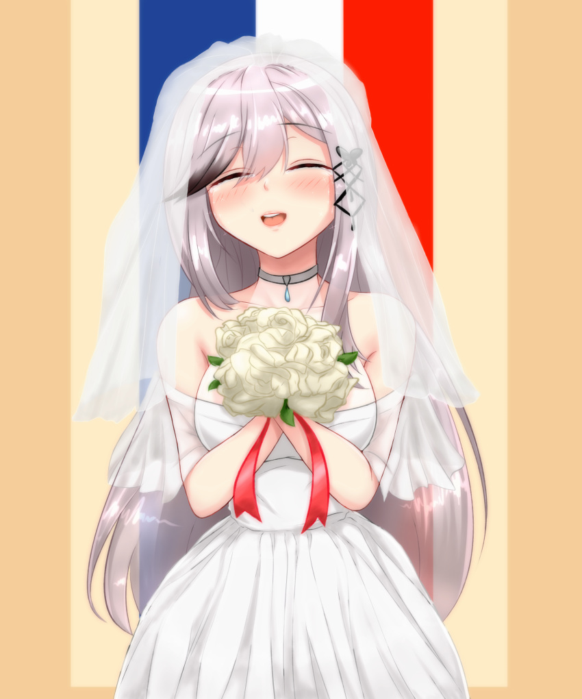 1girl, :d, ^_^, absurdres, azur_lane, bangs, bare_shoulders, black_hair, blush, bouquet, breasts, bridal_veil, closed_eyes, dress, dunkerque_(azur_lane), eyebrows_visible_through_hair, facing_viewer, flower, french_flag, gradient_hair, grey_choker, grey_hair, hair_ornament, highres, holding, holding_bouquet, kimofest, large_breasts, long_hair, multicolored_hair, open_mouth, sapphire_(gemstone), sidelocks, sleeveless, sleeveless_dress, smile, solo, standing, swept_bangs, tearing_up, tears, upper_body, veil, wedding_dress, white_dress