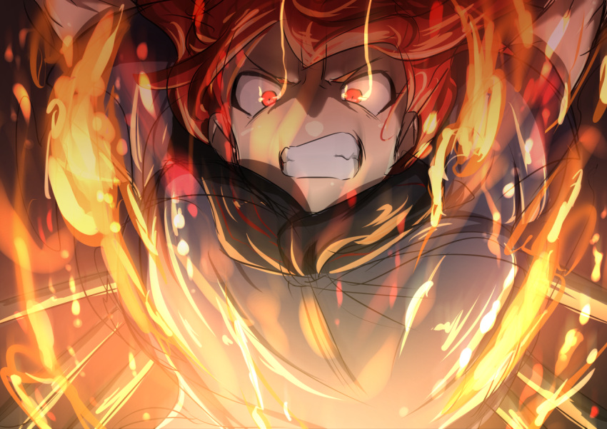 1girl, angry, breasts, fire, homura_(senran_kagura), miyaryuu_(sunflower), red_eyes, redhead