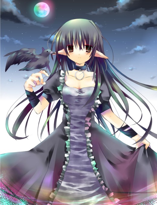 bird_on_hand, black_dress, brown_eyes, choker, clothes_grab, cloud, crow, dress, expressionless, full_moon, jin_rikuri, moon, night, night_sky, pointy_ears, rikoku_yami, sky, time_stranger_kyoko