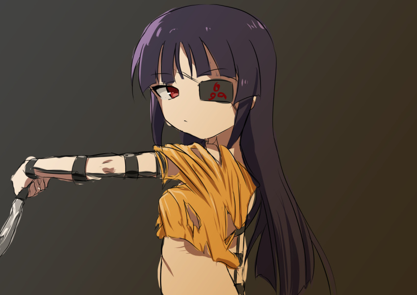 1girl, black_hair, cosplay, eyepatch, flat_chest, hikage_(senran_kagura), hikage_(senran_kagura)_(cosplay), knife