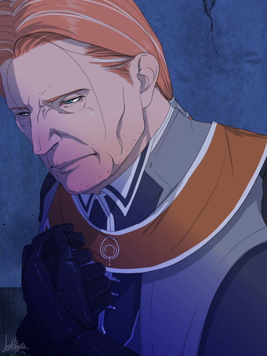 1boy, artist_name, beard, blue_eyes, facial_hair, fire_emblem, fire_emblem:_three_houses, gilbert_pronislav, gloves, highres, josh_rayda, long_hair, low_ponytail, multicolored_hair, orange_hair, solo, two-tone_hair, upper_body, white_hair