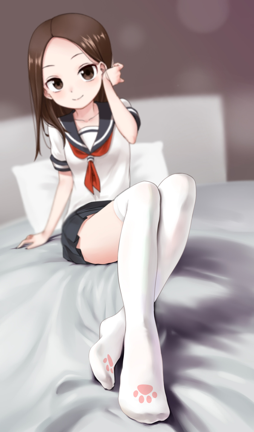 1girl, absurdres, adjusting_hair, arm_up, bed, blue_skirt, blurry, brown_eyes
