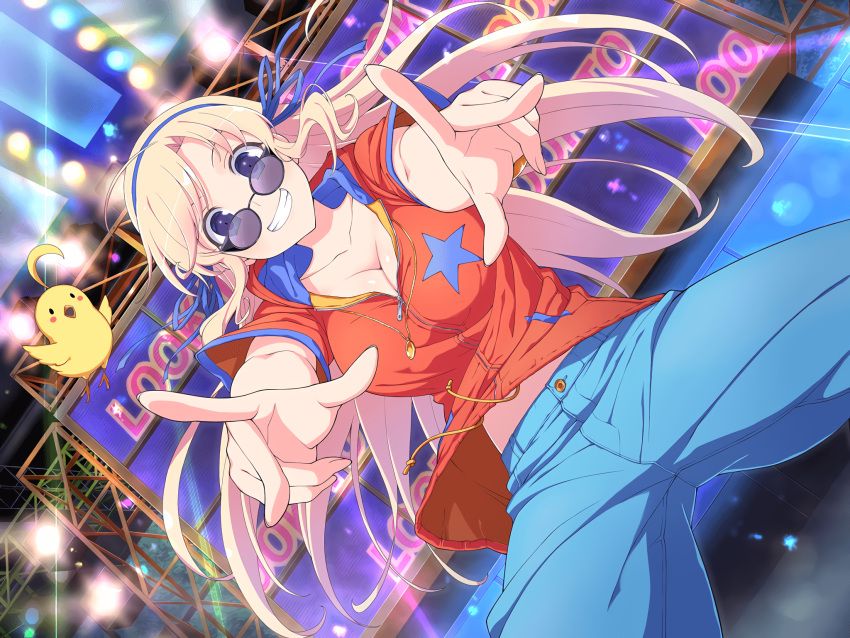 1girl, ahoge, bird, blonde_hair, blue_eyes, blue_pants, cosplay, crossover