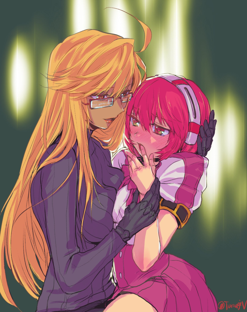 2girls, android, asymmetrical_docking, blonde_hair, blush, breast_press, commentary_request, cybernetic_parts