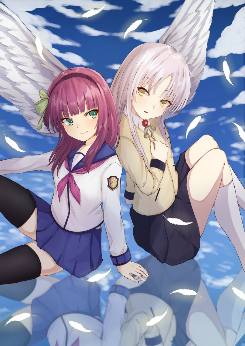 2girls, absurdres, angel_beats!, bao_(s_888), black_legwear, blazer, blue_skirt, commentary_request