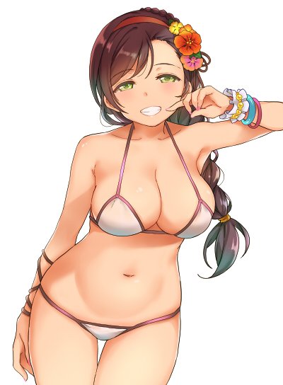 1girl, bead_bracelet, beads, bikini, bracelet, braid, breasts, clenched_teeth