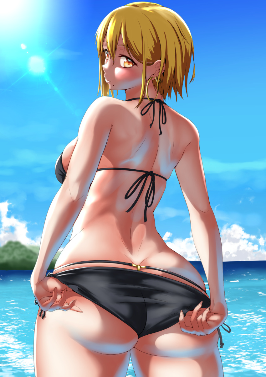 1girl, ass, bangs, bikini, bikini_pull, black_bikini, blonde_hair, blue_sky