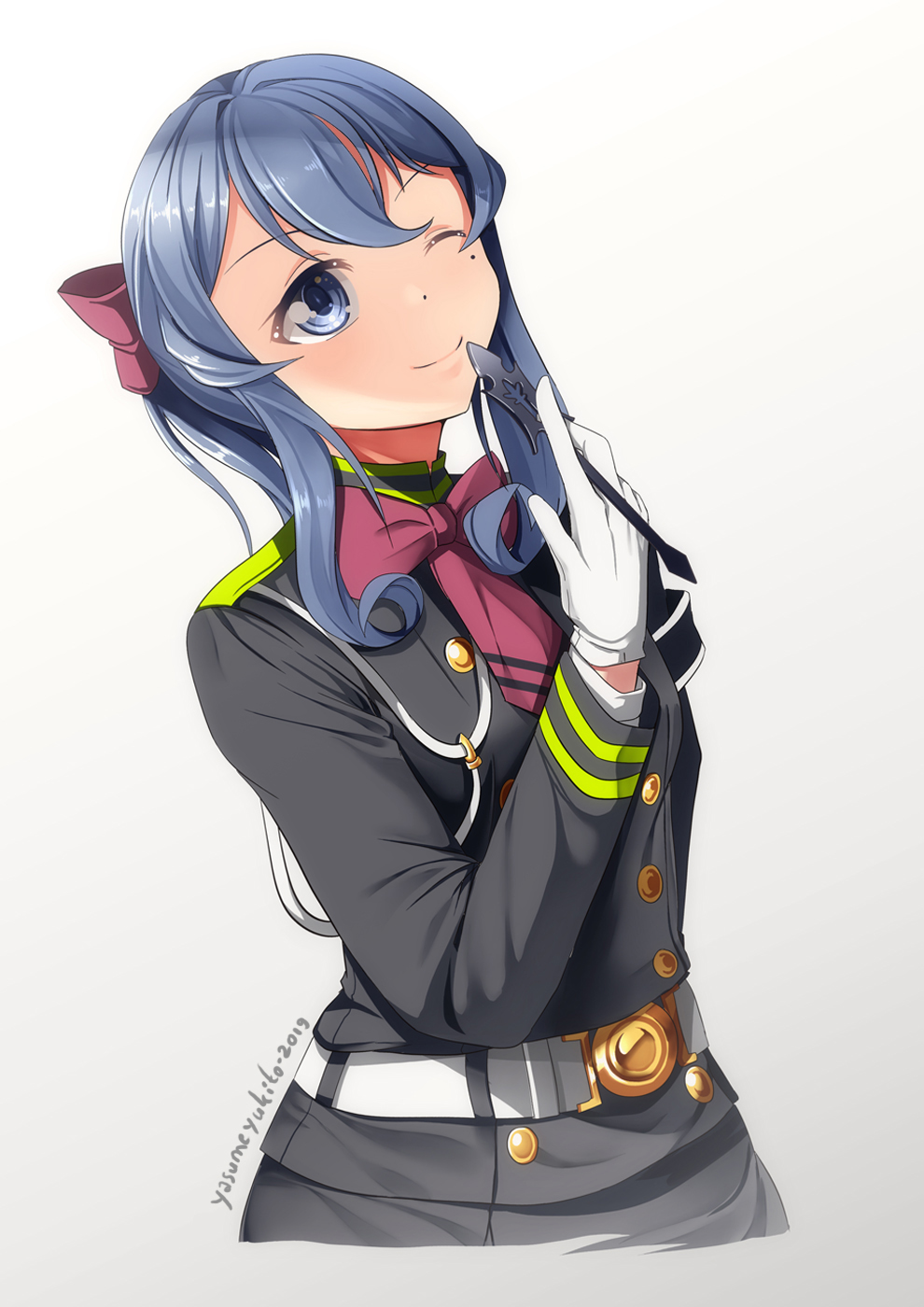 1girl, bangs, belt, blue_eyes, blue_hair, bow, cosplay, dated