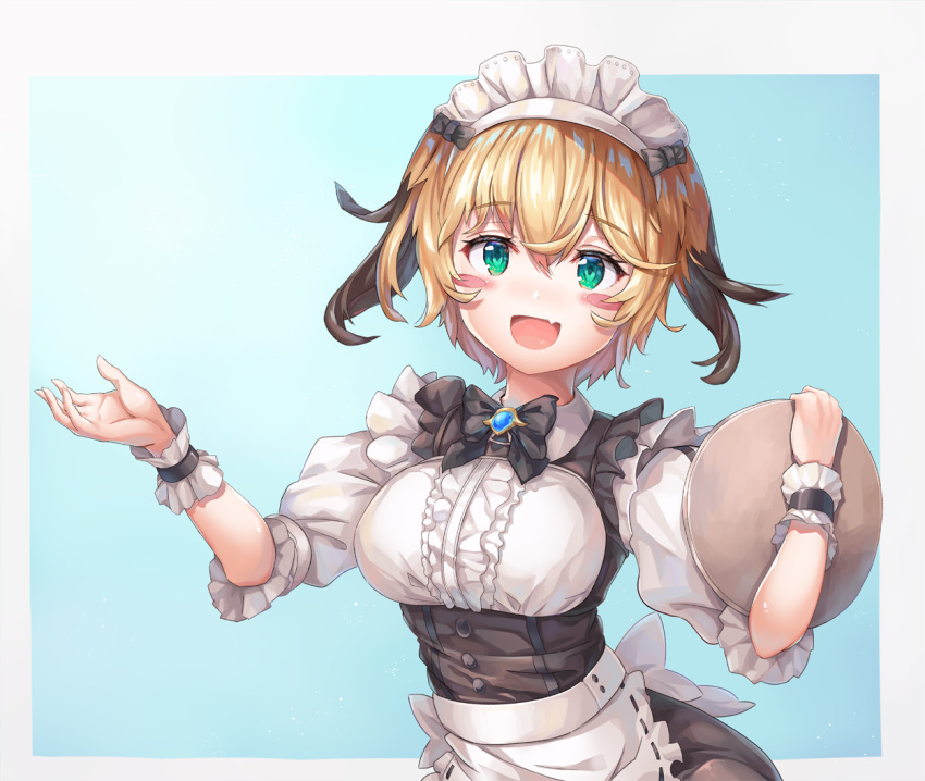 1girl, apron, blonde_hair, blush_stickers, bow, bowtie, breasts, fang