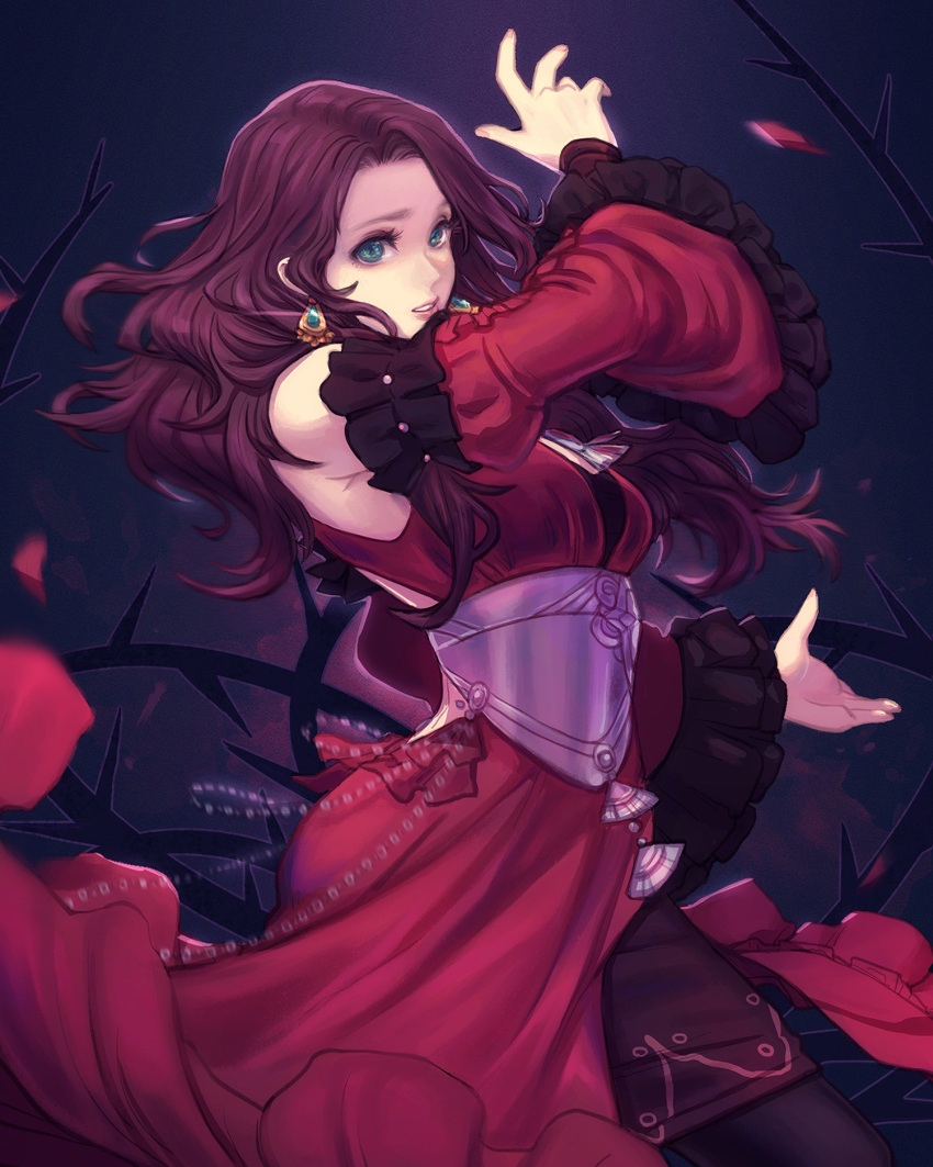 1girl, bare_shoulders, black_background, black_legwear, breasts, brown_hair, corset, detached_sleeves