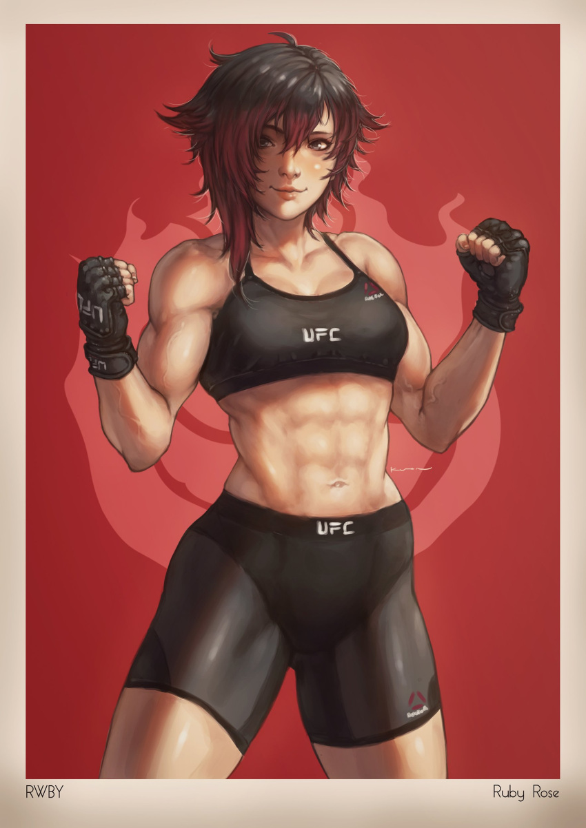 1girl, abs, absurdres, alternate_costume, asymmetrical_hair, bike_shorts, black_bra, black_hair, border, bra, breasts, clenched_hands, cowboy_shot, fingerless_gloves, gloves, gradient_hair, grey_eyes, hair_over_one_eye, highres, kuon_(kwonchanji), light_smile, lips, looking_at_viewer, medium_breasts, midriff, multicolored_hair, muscle, muscular_female, navel, nose, pose, red_background, redhead, ruby_rose, rwby, short_hair, solo, sports_bra, standing, thighs, two-tone_hair, ultimate_fighting_championship, underwear, veins, white_border